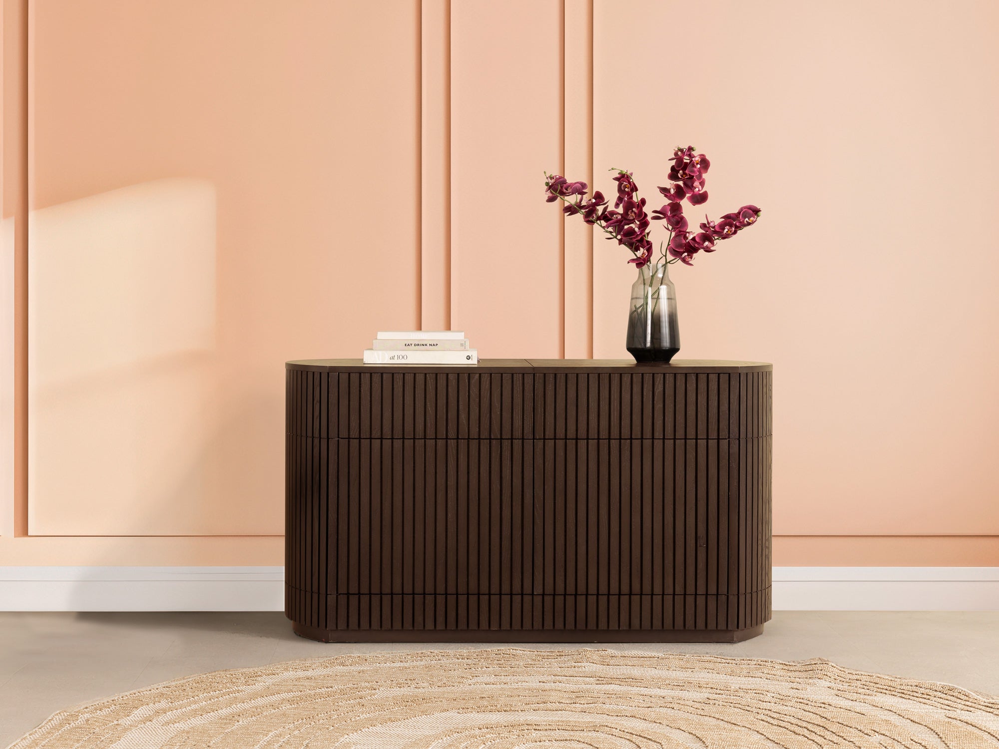 Transformer-round-buffet-brazilian-sequoia-closed-lifestyle Transformer Round Sideboard - Panel Storage - Image 1